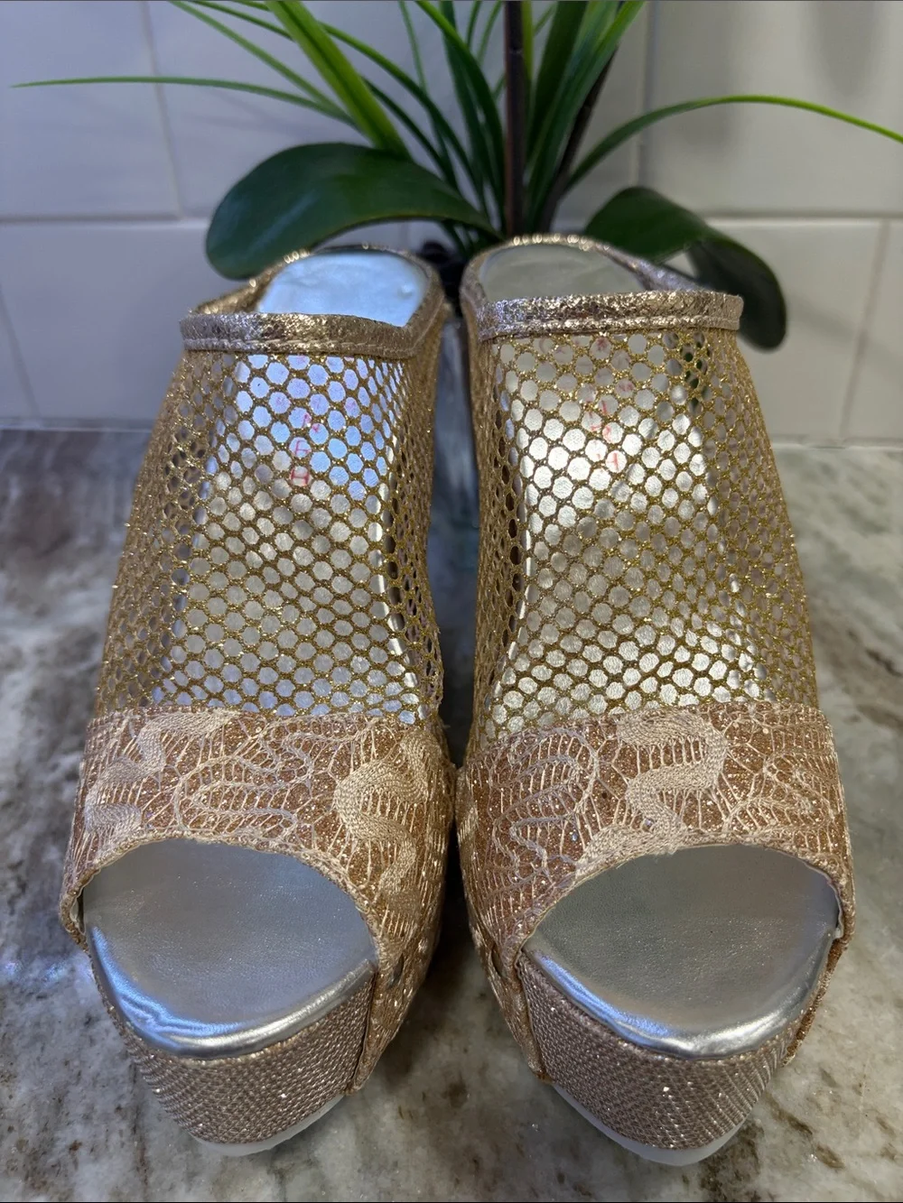 Gold Lace & Mesh Peep-Toe. Perfect for party, bridal party, festival or costume
